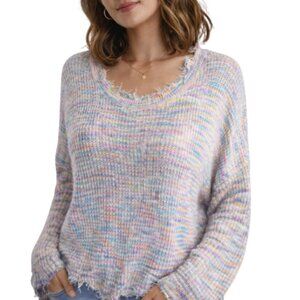 POL Distressed Chewed Hem Rainbow Pastel Bell Sleeve Knit Sweater (Size M)